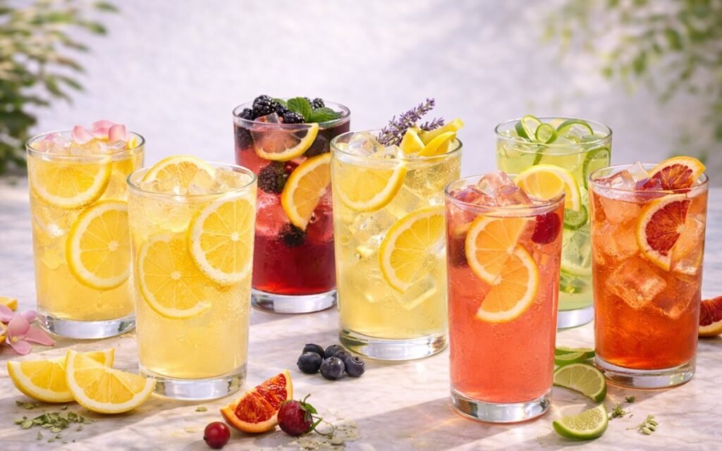A variety of lemonade-based summer drinks with fresh lemon slices, citrus fruits, and ice, served in tall glasses on a light marble surface.