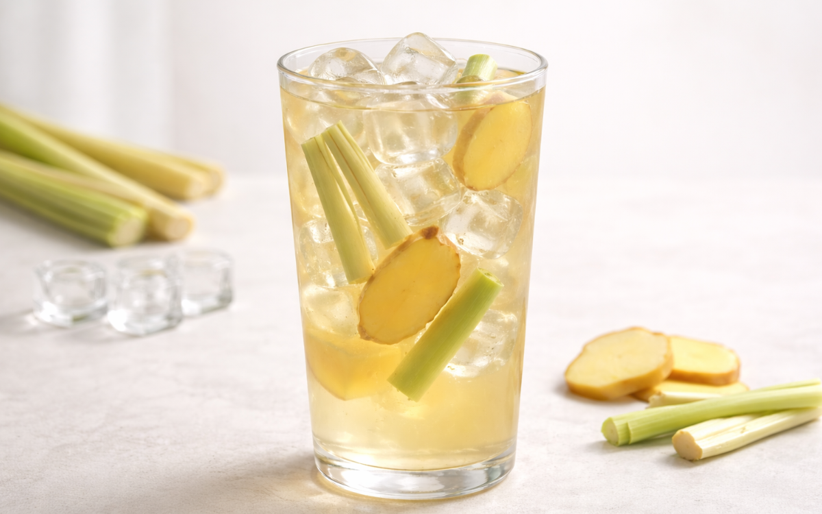 lemongrass ginger white iced tea served over ice with fresh lemongrass and ginger slices