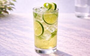 lime lemonade with ice and fresh lime slices