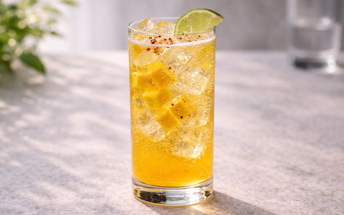 mango chili lime spritzer mocktail served over ice with mango and lime