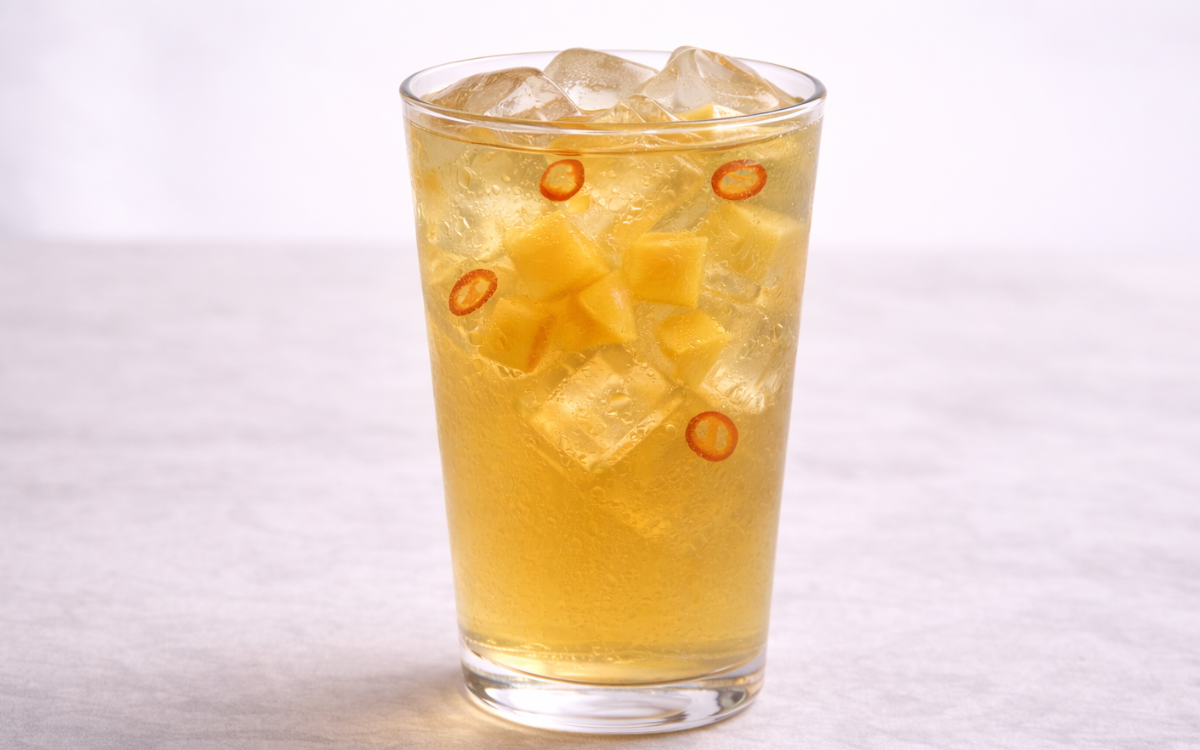 Mango Iced Green Tea mango iced green tea served over ice with fresh mango cubes and deseeded chili slices