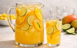 mango lime pitcher drink with ice, mango slices, and lime