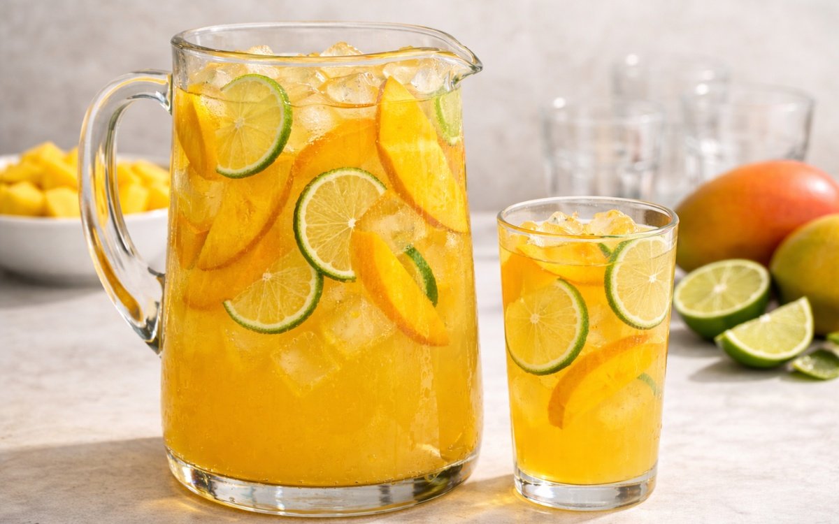 mango lime pitcher drink with ice, mango slices, and lime