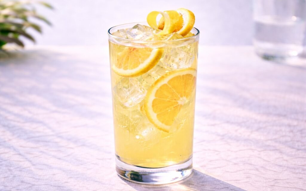 meyer lemon lemonade with ice and lemon slices