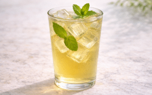 mint green iced tea served over ice with fresh mint leaves