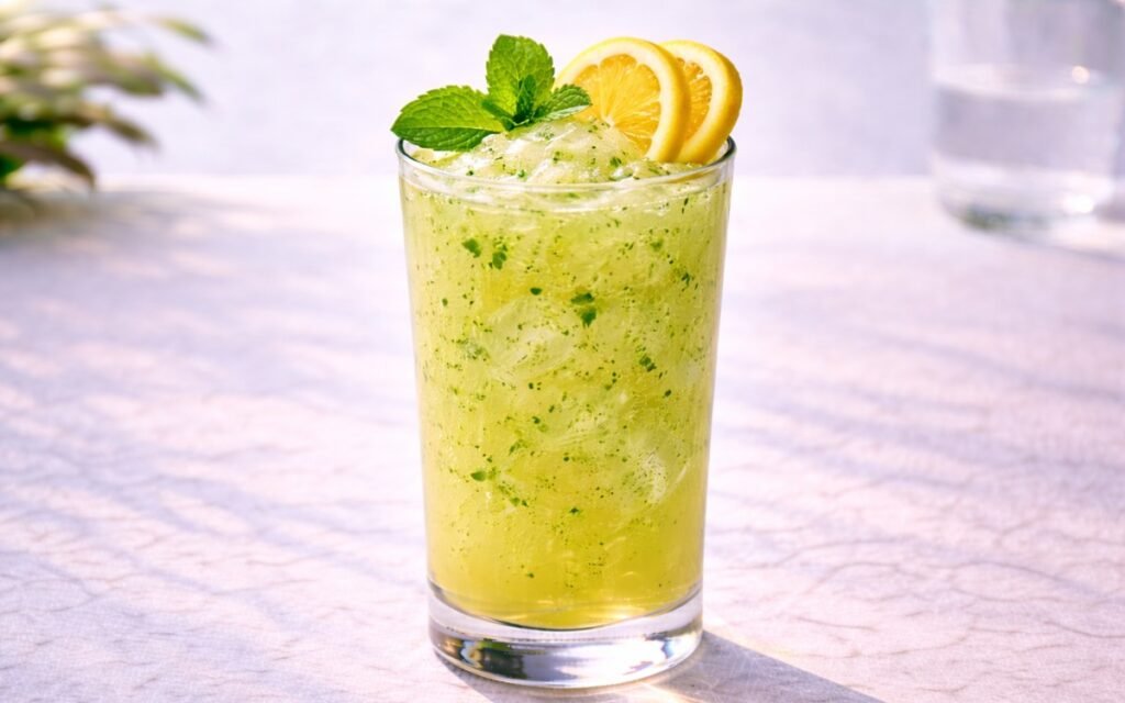 blended mint lemonade with lemon slices and fresh mint