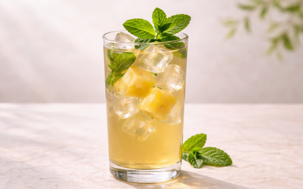 mint pineapple white tea cooler served over ice with fresh mint and pineapple