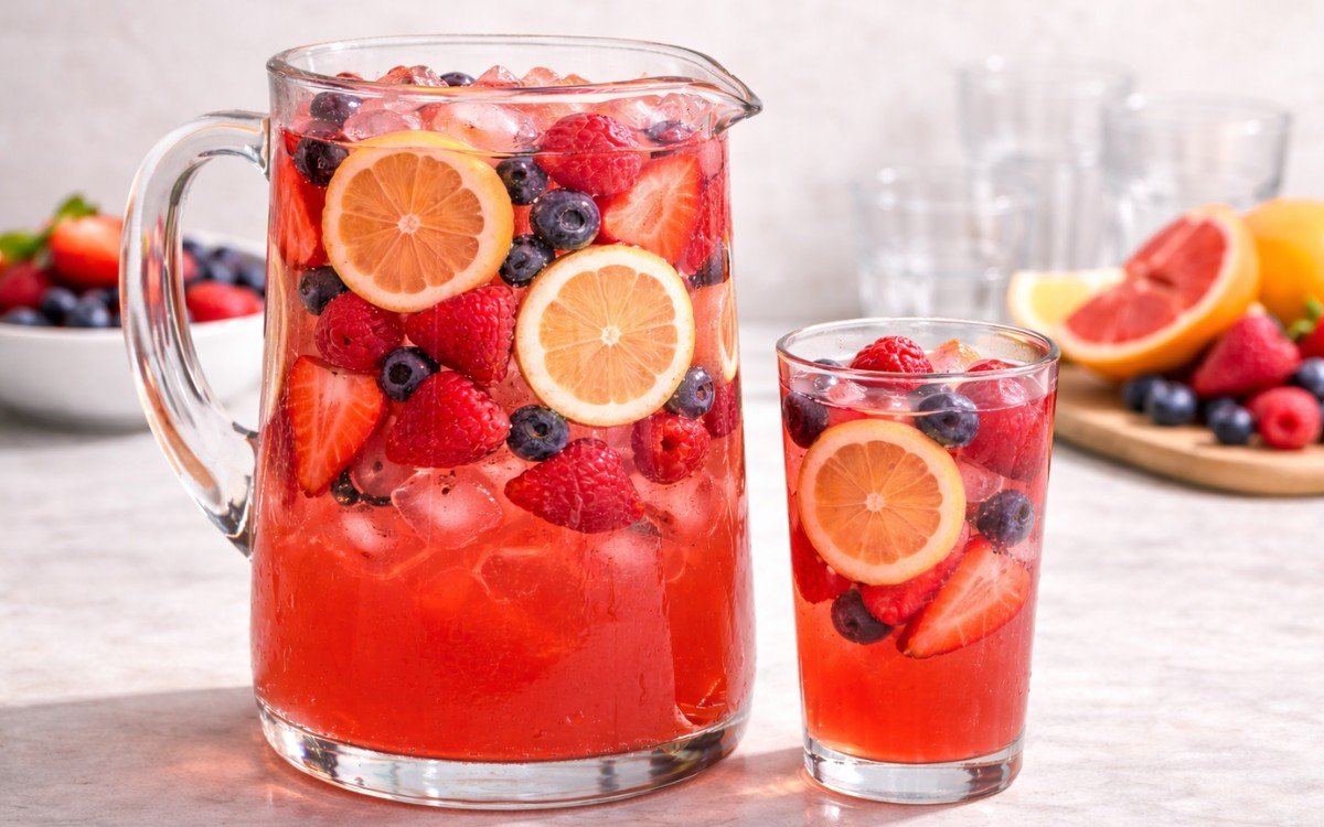 mixed berry citrus pitcher drink with ice and fresh berries