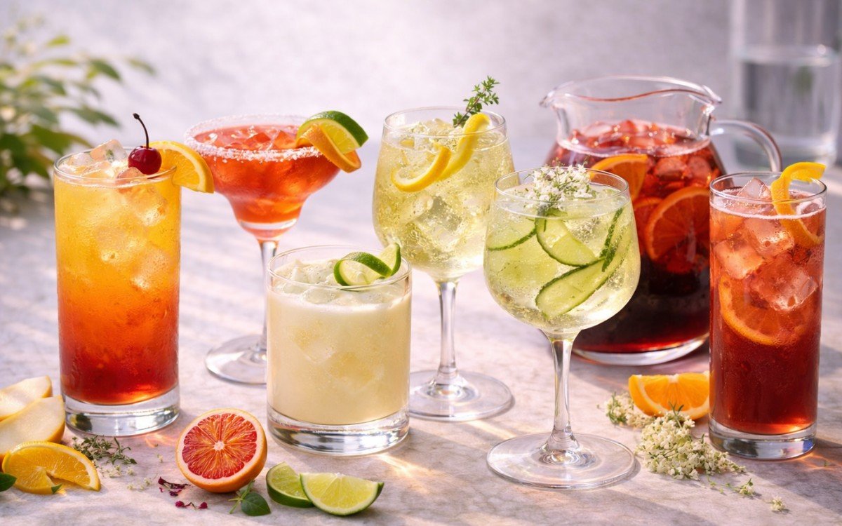Assorted non-alcoholic mocktails in cocktail glasses with citrus, herbs, and ice, styled like classic bar drinks