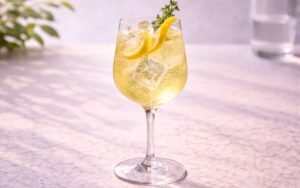 non alcoholic limoncello spritz mocktail with lemon peel and ice