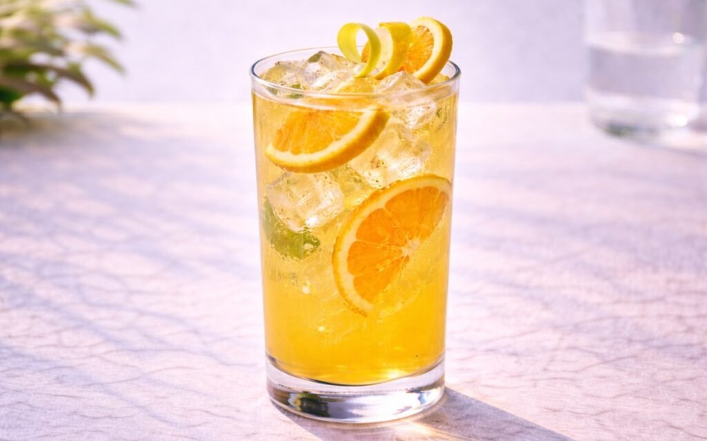 orange lemonade with ice orange slices and lemon peel