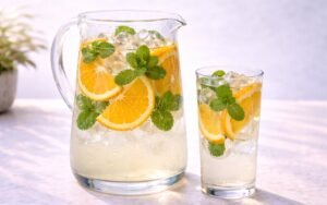 pitcher of orange mint infused water with sliced oranges and fresh mint