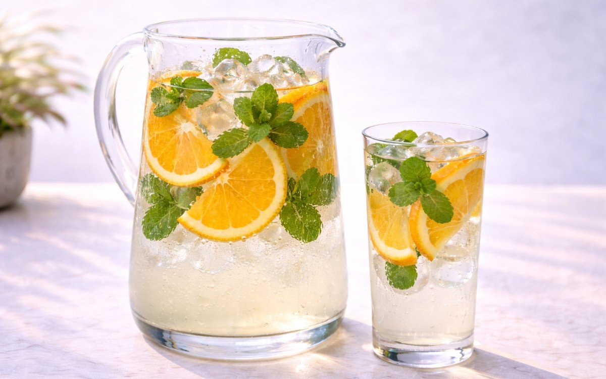 pitcher of orange mint infused water with sliced oranges and fresh mint