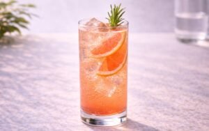 paloma fizz mocktail served over ice with pink grapefruit and rosemary
