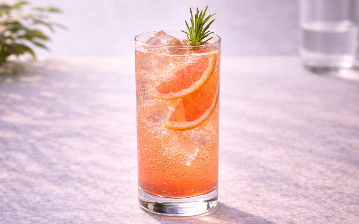 paloma fizz mocktail served over ice with pink grapefruit and rosemary