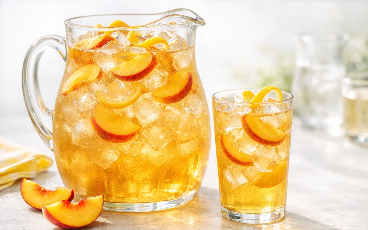 peach iced tea pitcher with fresh peach slices and ice