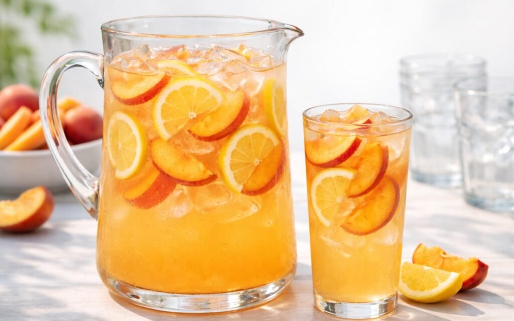 peach lemonade pitcher with lemon and fresh peach slices