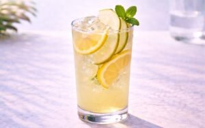 pear lemonade with ice lemon slices and thin pear slices