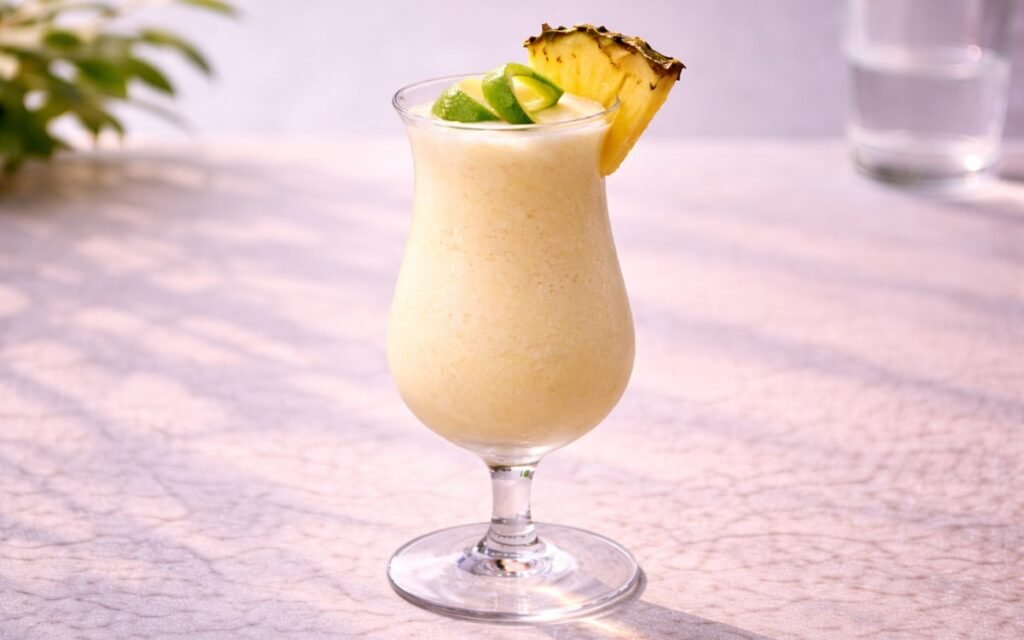 pina colada mocktail with frozen pineapple and coconut cream