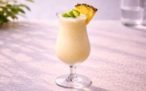 pina colada mocktail with frozen pineapple and coconut cream