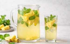Pitcher of pineapple mint infused water with fresh pineapple and mint