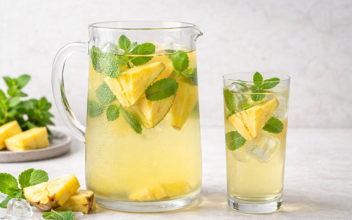 Pitcher of pineapple mint infused water with fresh pineapple and mint