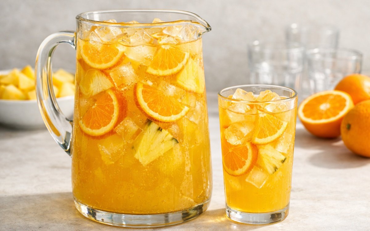 pineapple orange pitcher drink with ice and fresh fruit