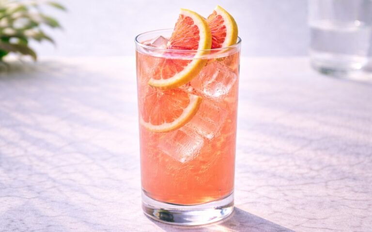 pink grapefruit lemonade with ice and citrus slices