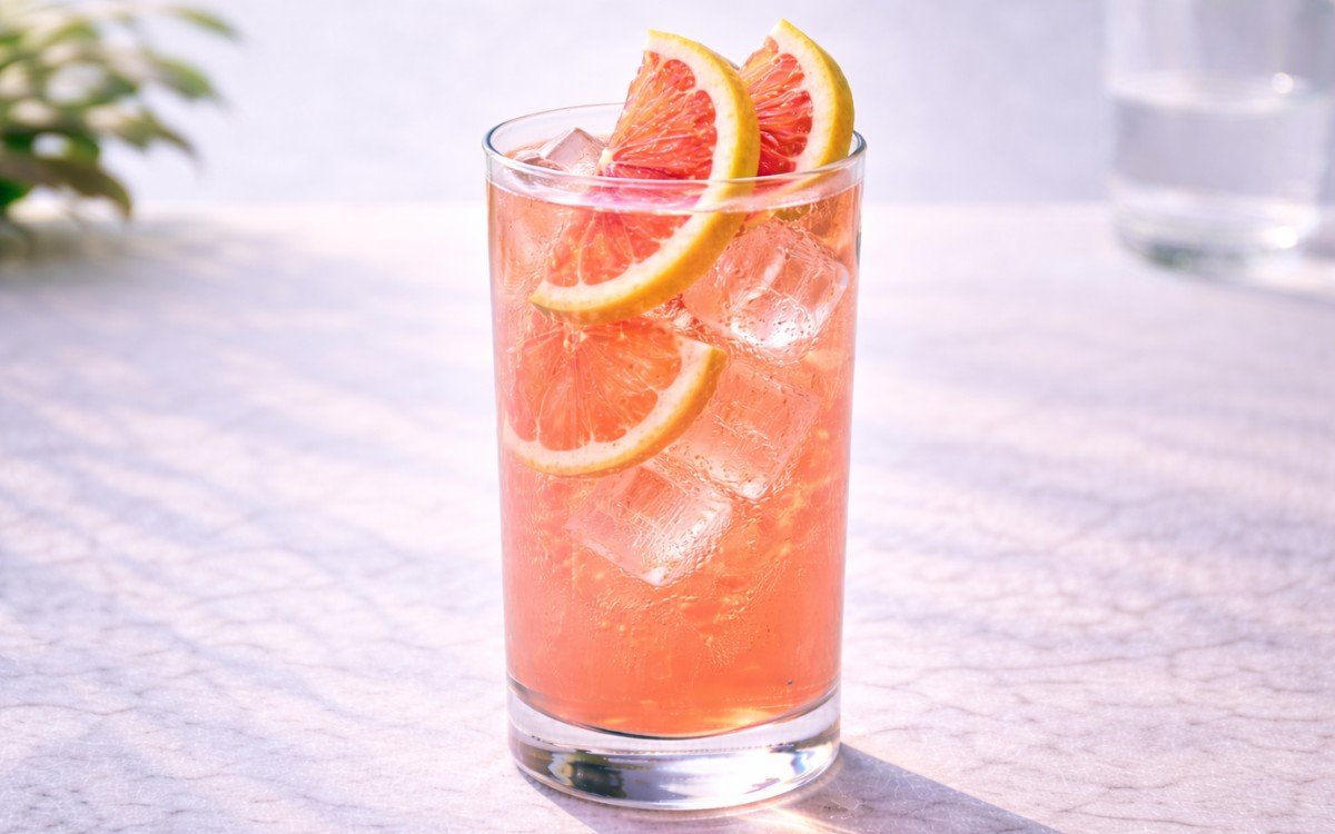 pink grapefruit lemonade with ice and citrus slices