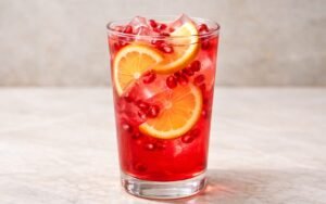 pomegranate lemonade with lemon slices and pomegranate arils