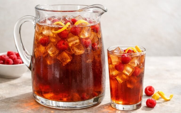raspberry iced tea pitcher with fresh raspberries and ice