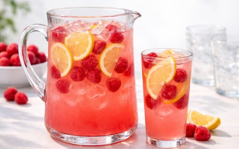 raspberry lemonade pitcher with lemon slices and fresh raspberries