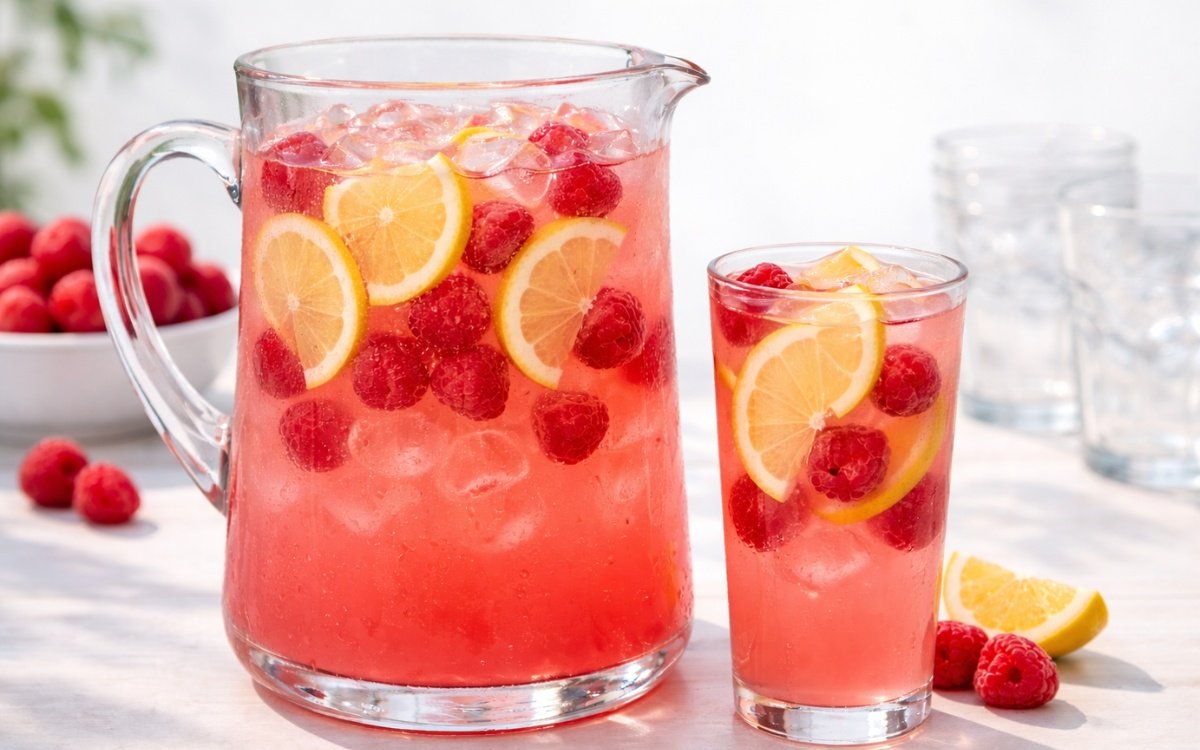 raspberry lemonade pitcher with lemon slices and fresh raspberries