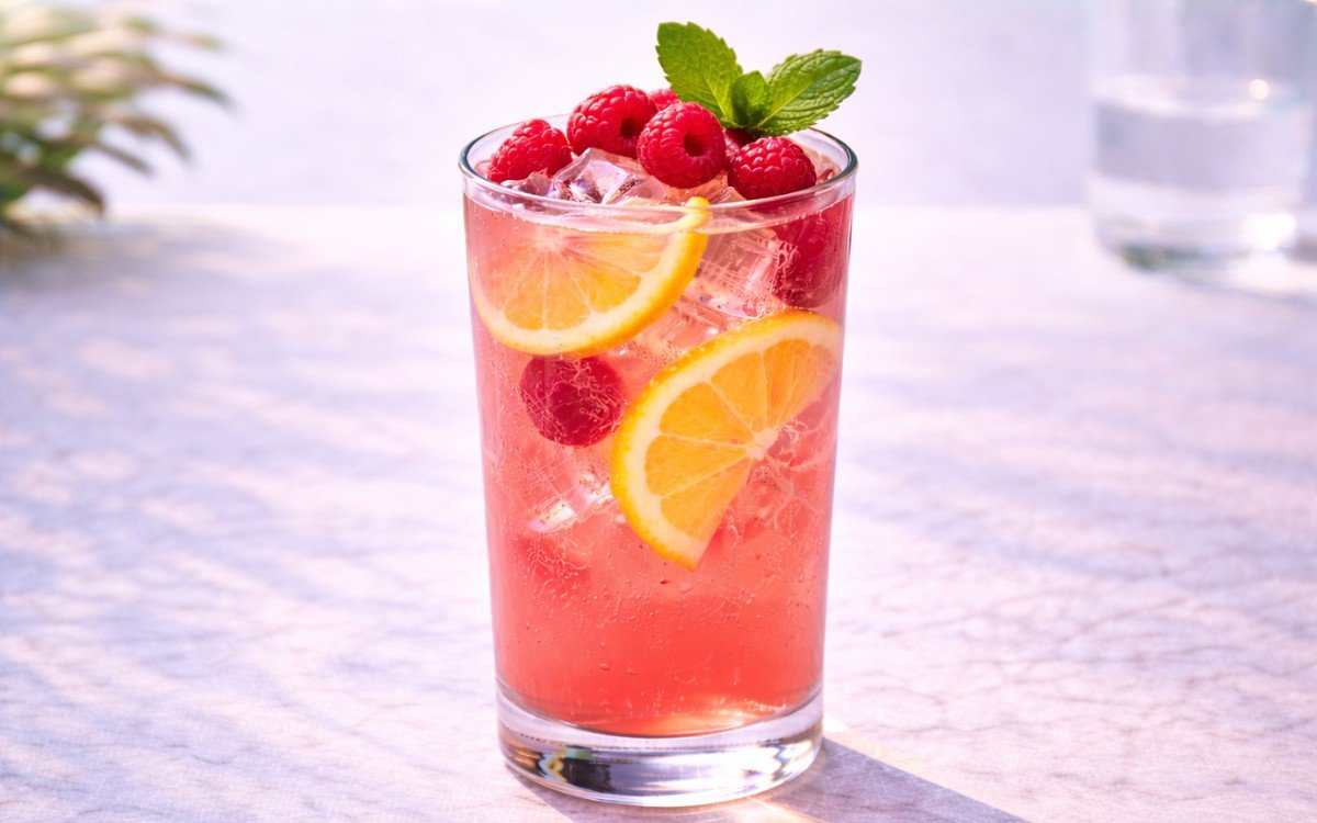 raspberry lemonade with lemon slices and fresh raspberries
