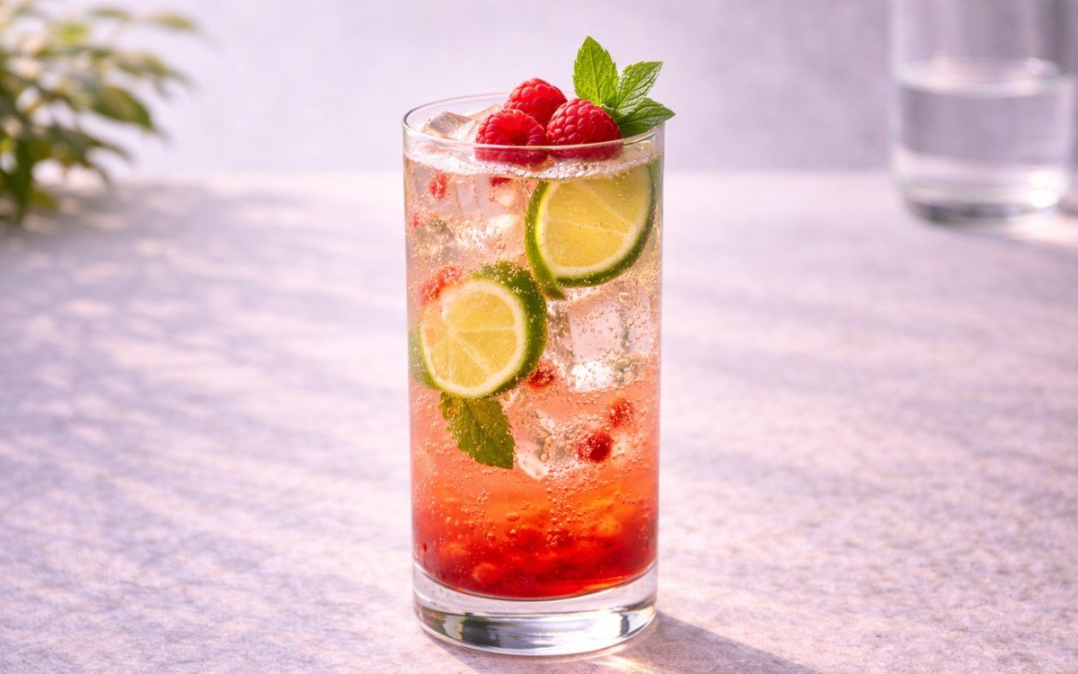 raspberry mojito mocktail with mint lime and ice