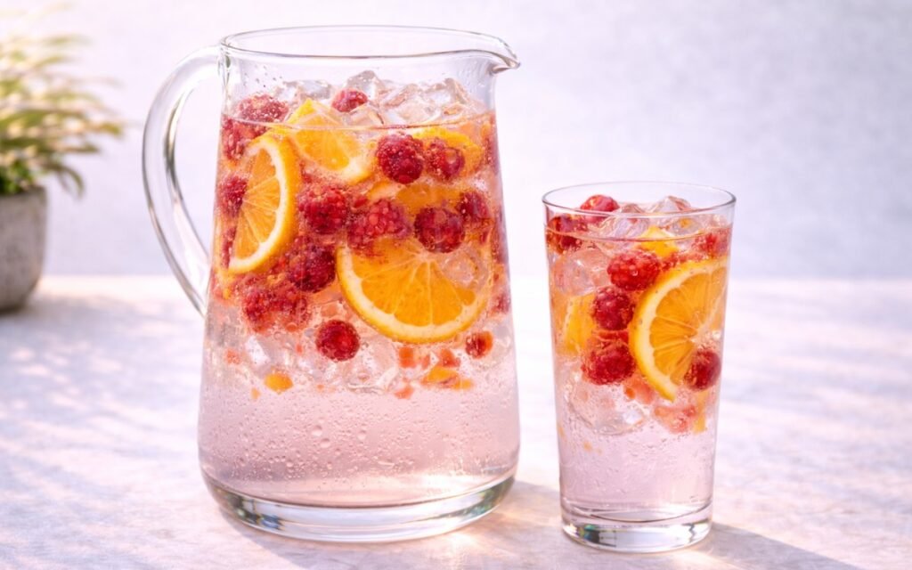 pitcher of raspberry orange infused water with fresh raspberries and orange slices