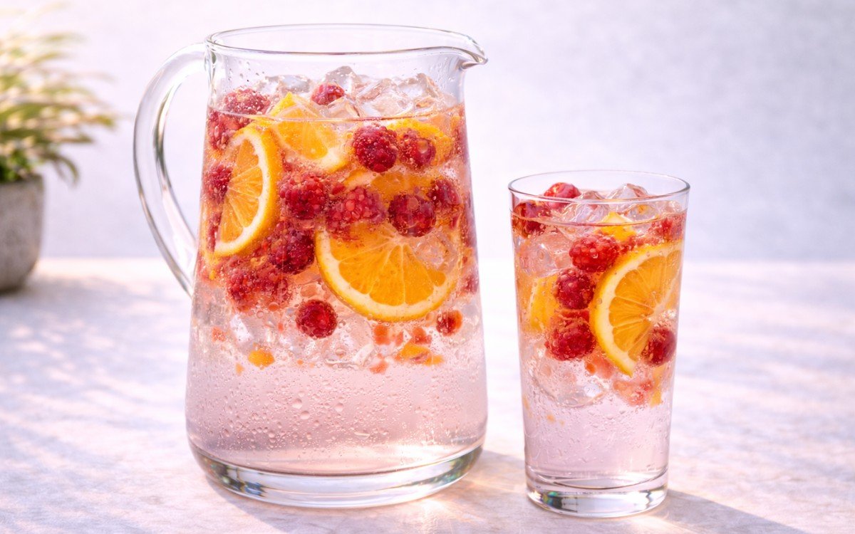 pitcher of raspberry orange infused water with fresh raspberries and orange slices