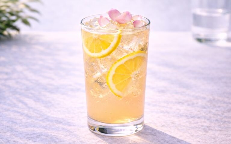 rose lemonade with lemon slices and edible rose petals