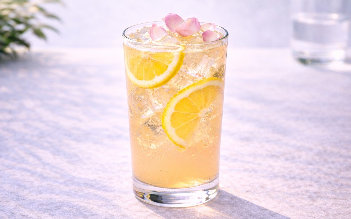 rose lemonade with lemon slices and edible rose petals