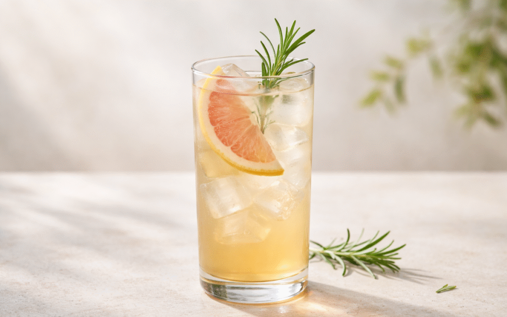rosemary grapefruit white tea cooler served over ice with grapefruit wedges and rosemary