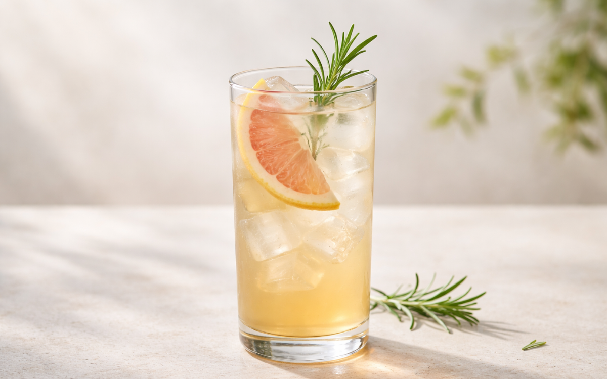 rosemary grapefruit white tea cooler served over ice with grapefruit wedges and rosemary