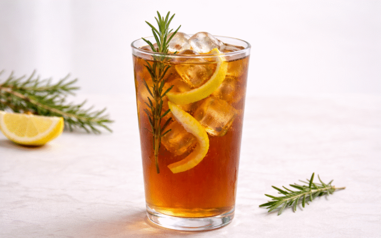 rosemary lemon cold brew black tea served over ice with lemon peel and rosemary sprig