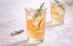 rosemary peach white iced tea served over ice with peach slices and rosemary sprig