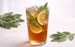 Yuzu Green Iced Tea (with Honey) sage citrus iced tea served over ice with fresh sage and lemon slices