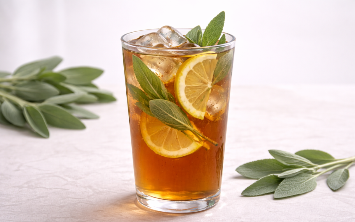sage citrus iced tea served over ice with fresh sage and lemon slices