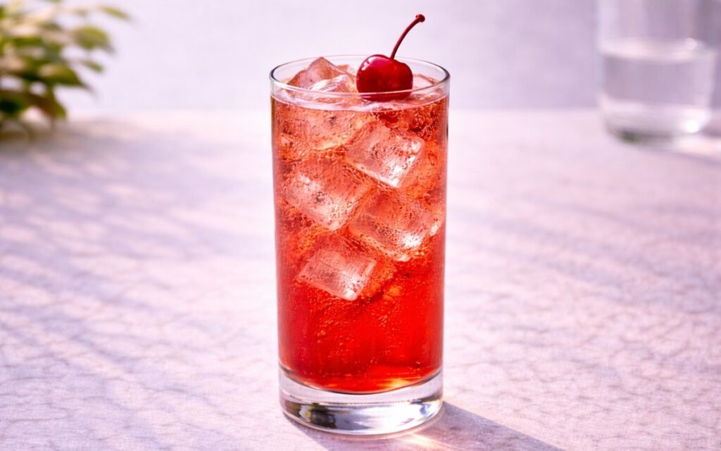 shirley temple tonic mocktail served over ice with ginger ale and cherry