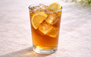southern sweet tea served over ice in a glass with lemon slice