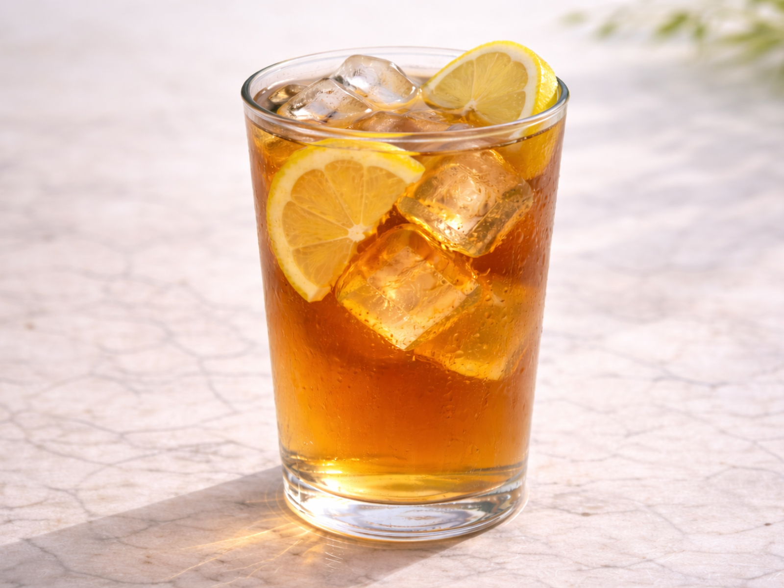 southern sweet tea served over ice in a glass with lemon slice