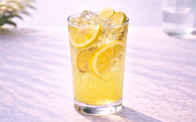 sparkling ginger lemonade with lemon slices and fresh ginger