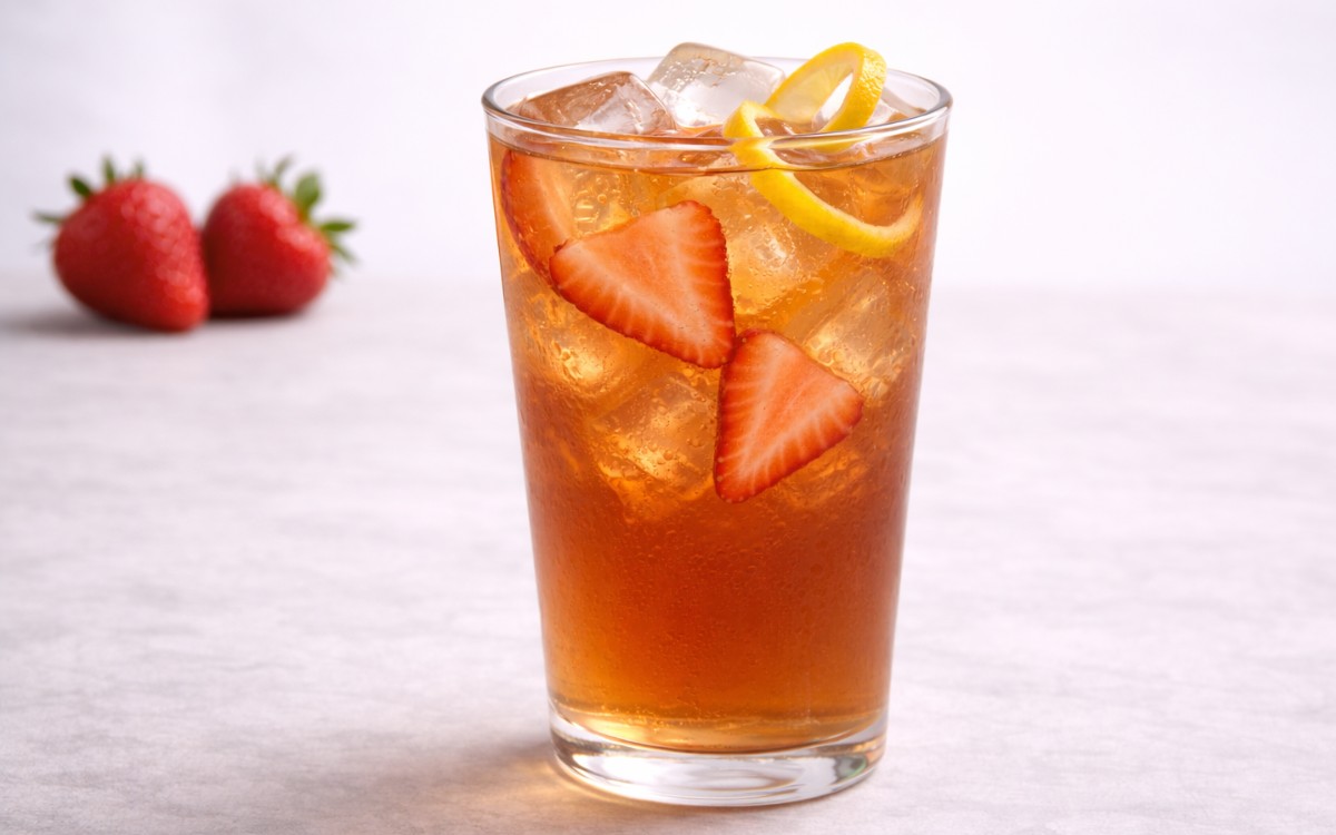 strawberry iced black tea served over ice with fresh strawberry slices and lemon peel twist